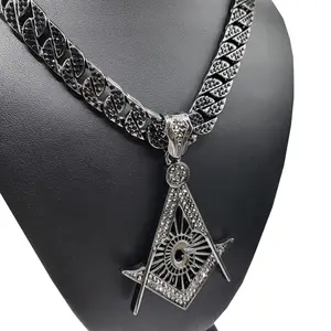 Men's Large MASONIC Hematite Black Pendant & 15mm 24" Iced Cubic Zirconia Cuban Chain Necklace Jewelry