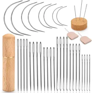 36 count Heavy Duty Sewing  Kit, Curved Sewing  for Hand Sewing, Leather Sewing  with Wooden Sewing  Cushion,  Case for Leather Upholstery Repair Sewing
