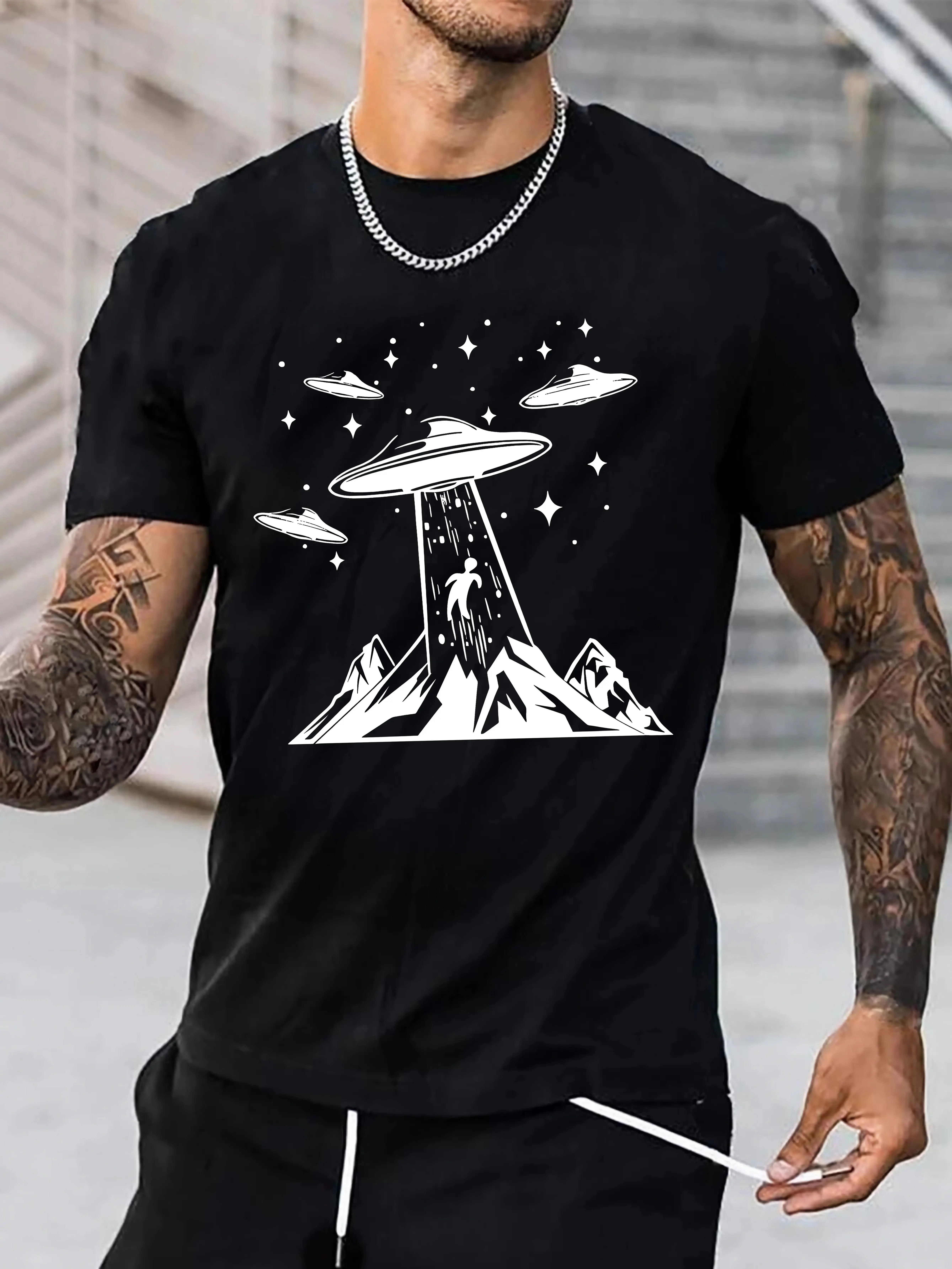 UFO Releasing Aliens Print Tee Shirt, Tee For Men, Casual Short Sleeve T-shirt For Summer Spring Fall, Tops As Gifts