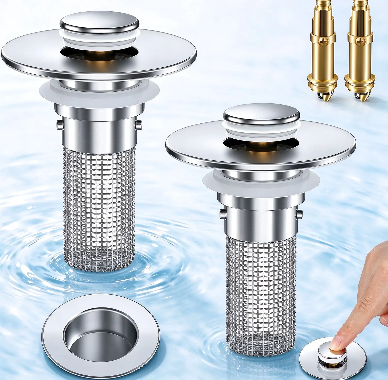 2PCS Bathroom Sink Stopper Hair Catcher, Pop Up Sink Drain Stopper with Strainer & Filter, Universal Drain Plug for Sink Drain & Replacement, Sink Drain Cover with Basket for Bathroom Stopper
