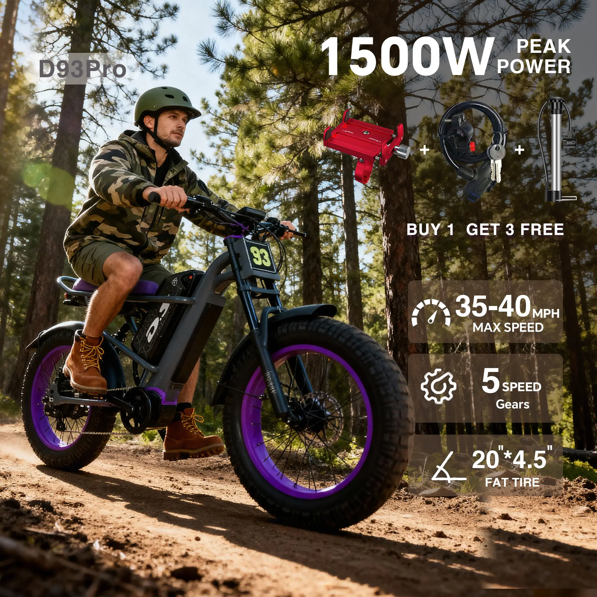 New electric bicycle for spring 2026 , hydraulic shock absorption, full suspension system, maximum speed of 40 MPH, 48 volt 1500W motor, riding assistance range of 40-70 miles, 20 * 4.5-inch all terrain tires, snow tires