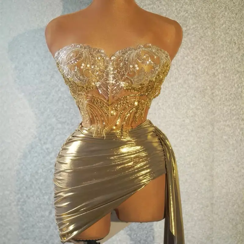 2 Piece Corset Women's white and Gold Sequin Embellished Strapless Top & High-Waisted Skirt Set