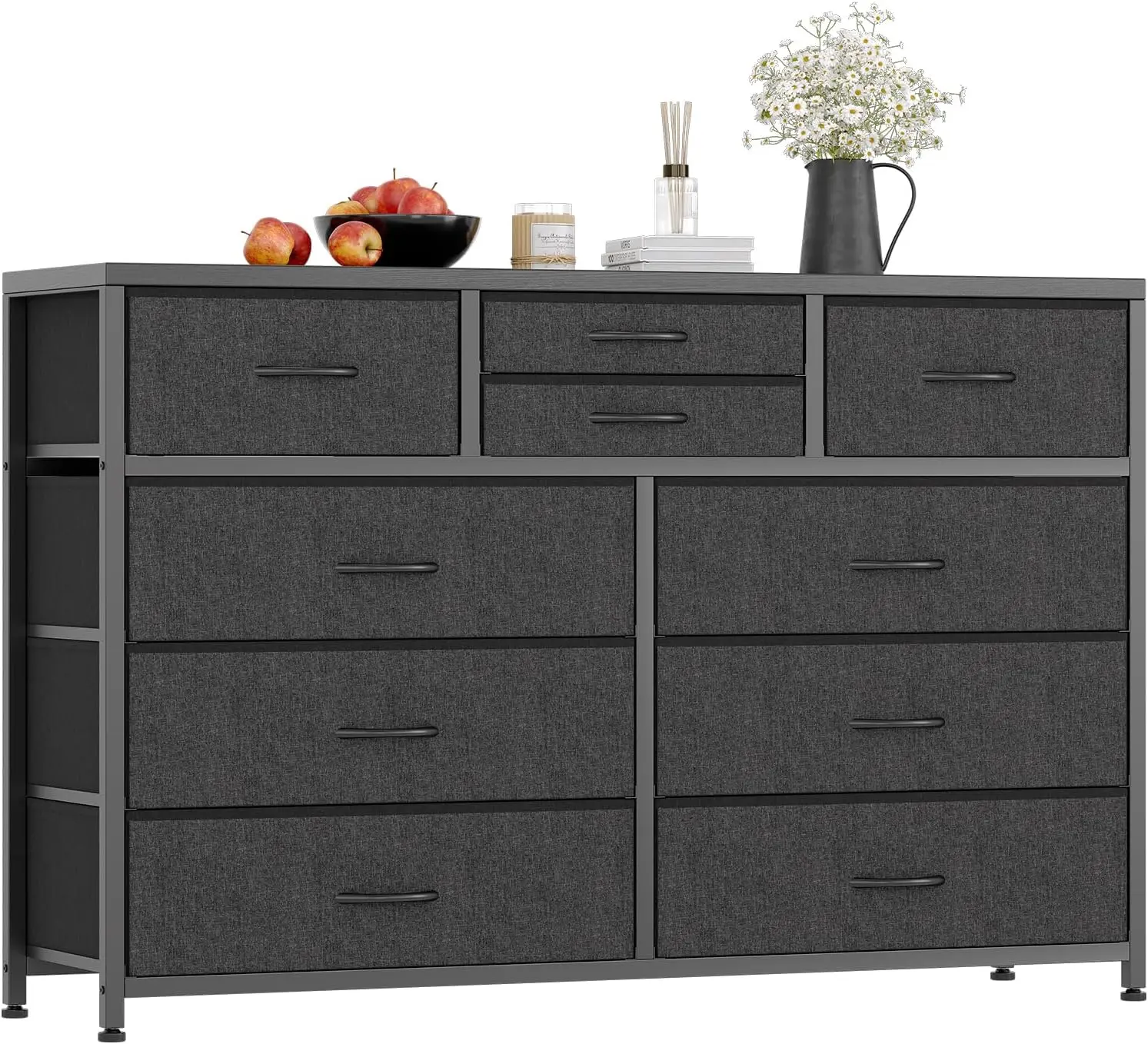 Modern Black 10-Drawer Fabric Dresser TV Stand - Steel Frame, Anti-Tip Base, 35.5lbs, 45.3"L x13.8"W x31.5"H, Easy-Setup Media Console for 55/50/43-Inch TVs, Dorm/Study/Living Room Storage Organizer