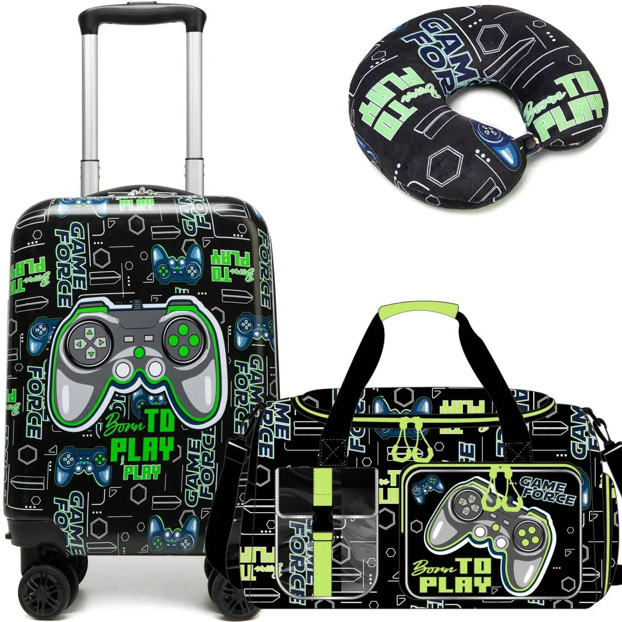Kids' Luggage Set, 3-Piece Hardshell Gaming Trolley with 3D Game Controller Graphic, Spinner Wheels, Duffel Bag & Travel Pillow for Boys, Zip, 3D Game Controller Graphics, Flights, Chic, Hard Abs Shell, High-Capacity, Compact Set, Trolley Luggage, Impact-