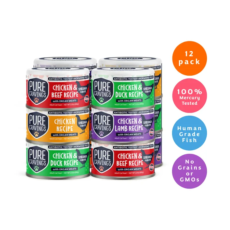 Pure Cravings Shredded Chicken Recipe in Broth, Grain-Free Wet Cat Food, Non-GMO, 12-Pack
