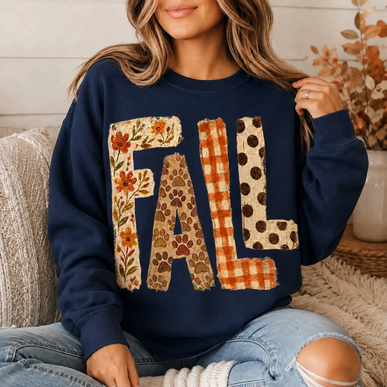 Fall Patchwork Sweatshirt, Autumn Floral Plaid Paw Print Graphic Crewneck, Cozy Dog Lover Fall Pullover for Women