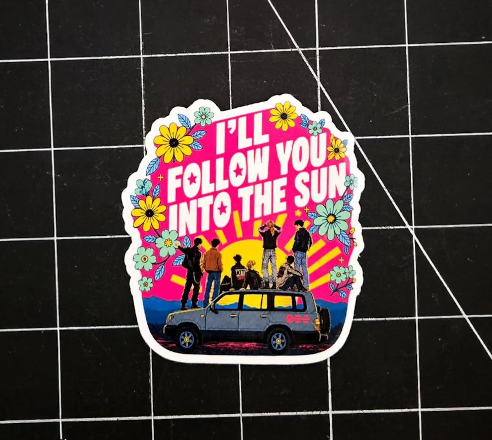 Into the Sun Vinyl Sticker | Retro Sunrise Aesthetic Decal | Waterproof Glossy Laptop Sticker