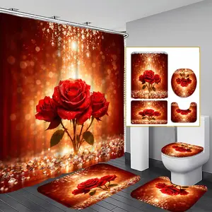 1/3/4PCS Diamond Rose Flower Shower Curtain Set, 71x71 Inches, Includes Background Pattern, Comes with 12 Hooks, 1/3/4pcs Options