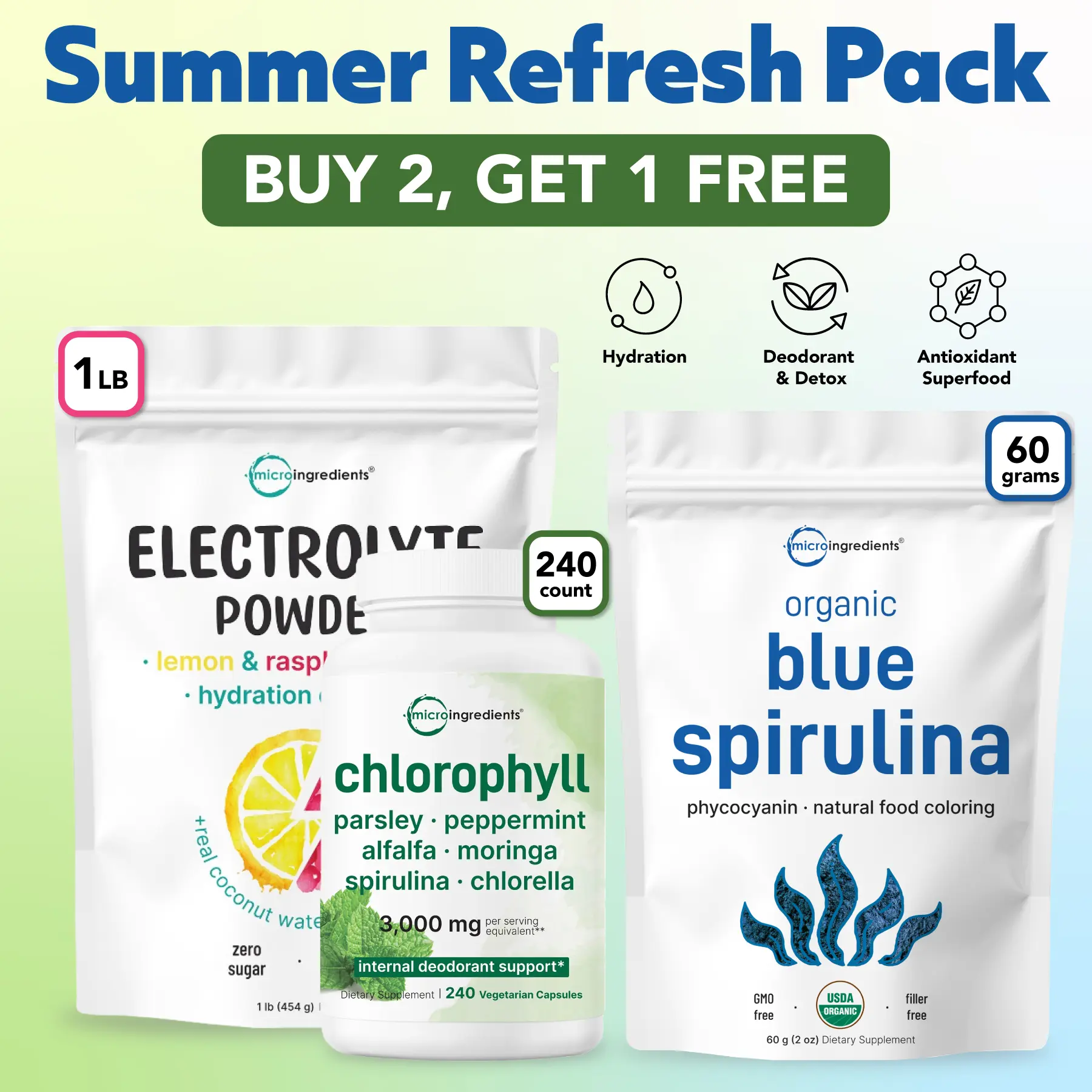 Micro Ingredients Summer Refresh Pack: Electrolyte Powder 1 lb, Chlorophyll 240 Veggie Capsules & Blue Spirulina Powder 60g Micro Ingredients Summer Refresh Pack: Electrolyte Powder 1 lb, Chlorophyll 240 Veggie Capsules & Blue Spirulina Powder 60g