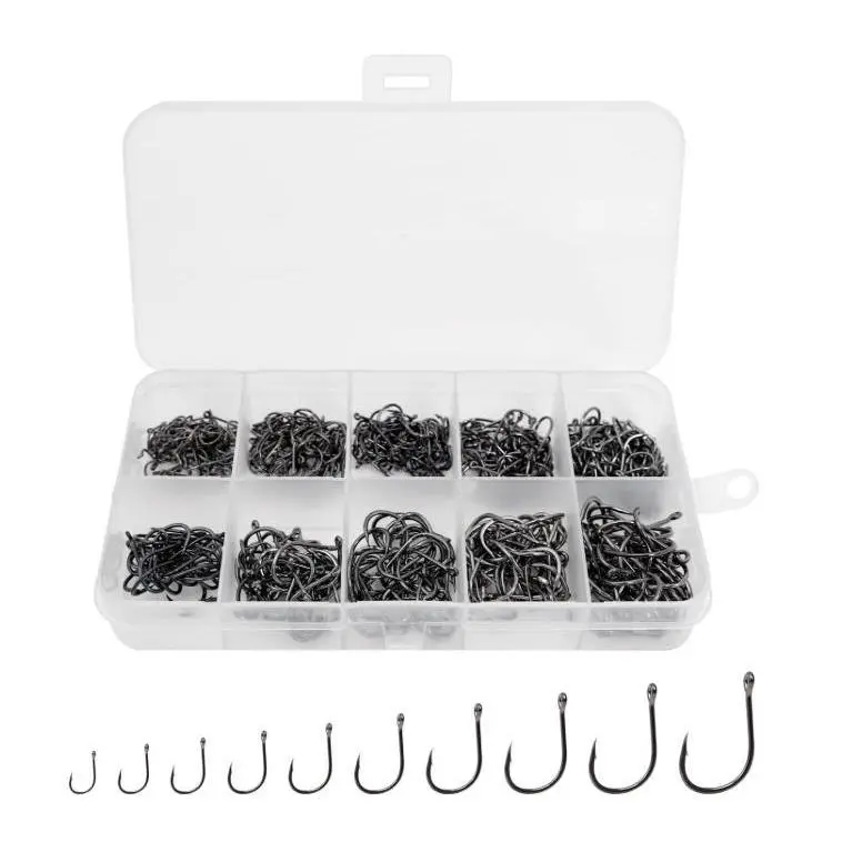 Outdoor Fishing Accessories, Fishing Lures Kit 500PCS Premium Fishing Hooks, 10 Sizes Carbon Steel Fishing Hooks W/Portable Plastic Box, Strong Sharp Fish Hook with Barbs for Freshwater/Seawater Fishing Hook Set Freshwater Saltwater Gear Tackle