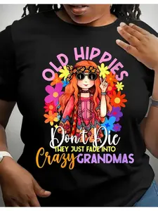 Women'S Retro Hippie Pattern T-Shirt with a "Old Hippie Never Dies" Design, Vibrant Floral And Peace Symbol Art, Suitable for Casual Wear, Hippie Clothing