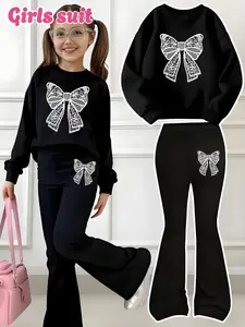 Girls' Casual Sportswear Set, Imitation line bow Print Sweatshirt & Stretchy Waistband Bell Bottom Pants, Cartoon Pattern, Spring Fall Winter