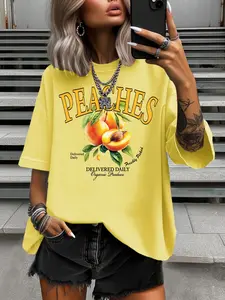 Summer Fashion Women's T-Shirt Original Design Vibrant Yellow Peaches Print Women's Casual Soft Round Neck Short Sleeve Top