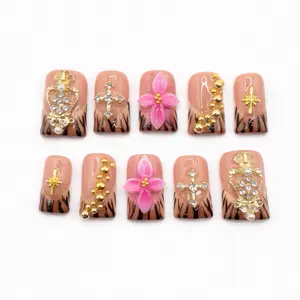 Press On Nails Prette Nail Studio Safari Bloom , Duck Shape, Nude Base, Tortoise Tiger Tips, 3D Pink Flowers, Gold Beads, Rhinestone Cross, Glossy Finish