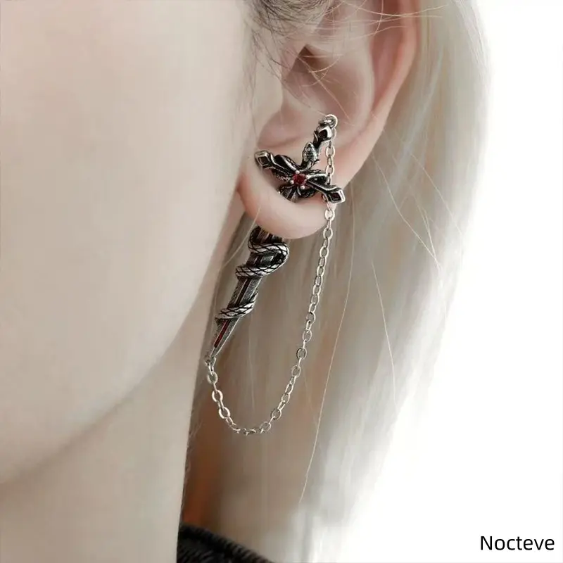 Vintage Gothic Wrapped Snake Cross Rhinestone Tassel Dangle Earrings, Dark Aesthetic Halloween Piercing Earrings for Punk Daily Wear