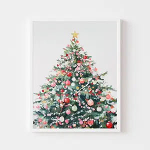 Christmas Tree Art Print: Red and Green Holiday Decor |Frameless Poster U