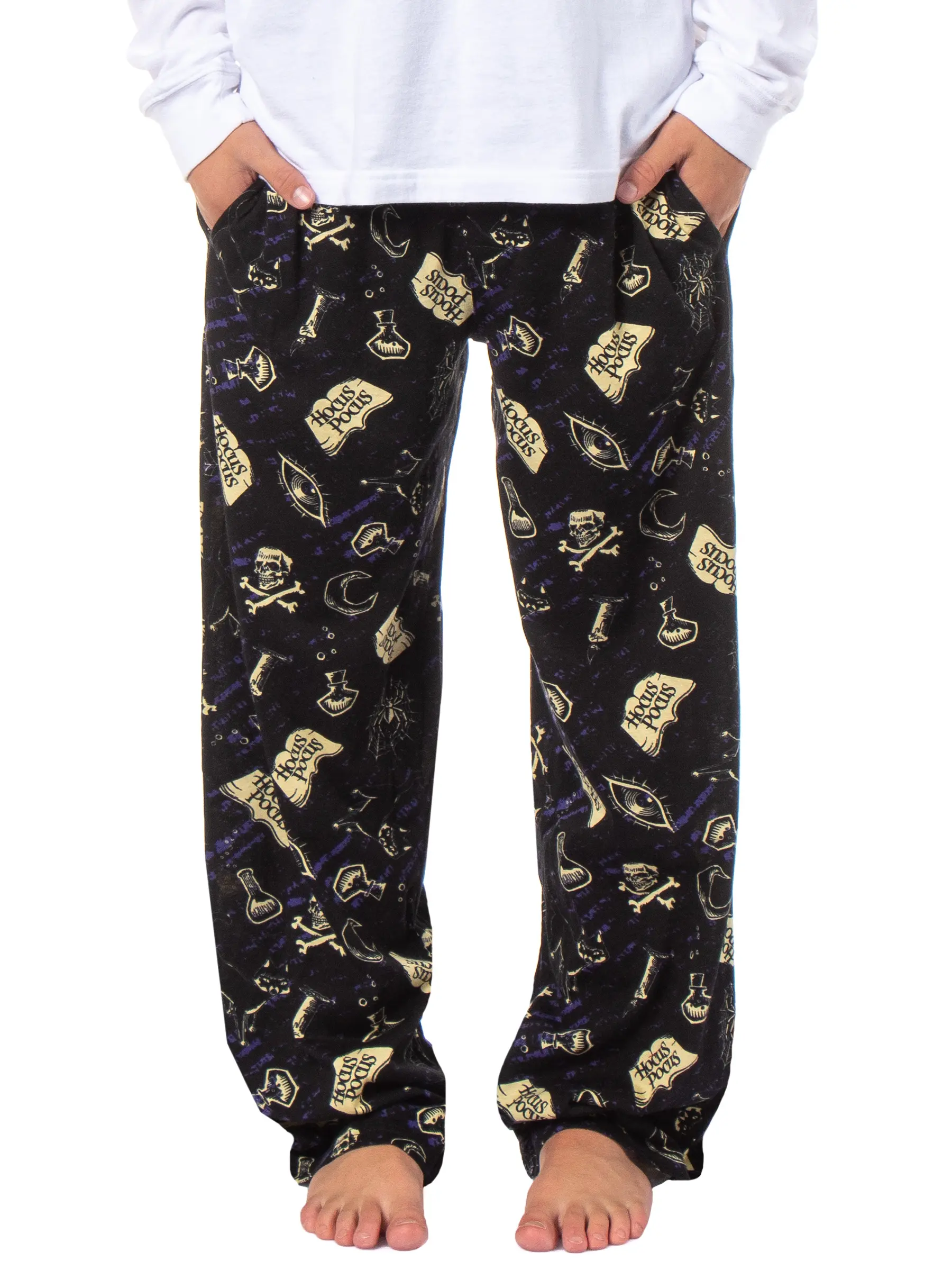 Disney Men's Hocus Pocus Halloween Christmas AOP Icons Pajama Pants - Drawstring Elastic Waist, Spider Print Fabric Nightwear Lounge Sleep Pants, Menswear, Classic, Skull, Flame, Cotton, Soft, Graphic