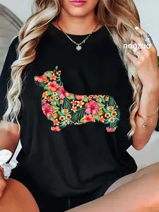 100% Cotton Corgi Flower Funny Dog Silhouette Floral Gifts Women Men T-Shirt