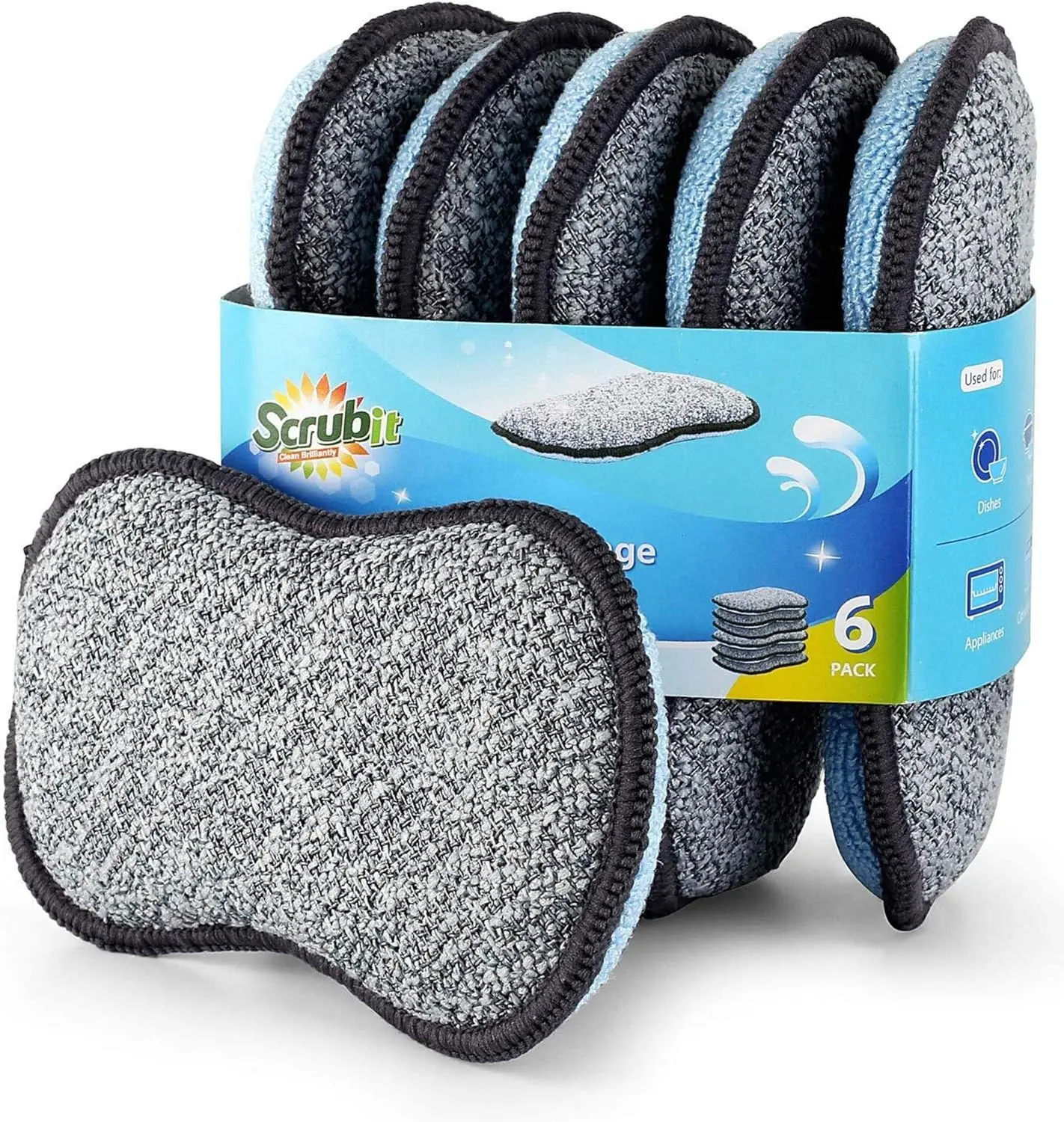 6PCS Non-Scratch Kitchen Sponges – Microfiber, Heavy Duty, Reusable Cleaning for Pots & Dishes