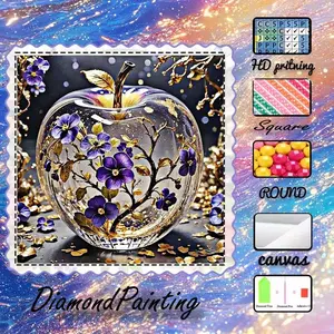 DIY 5D Flocking Fabric Diamond Painting Craft Kit, AB Diamonds, Fairy Dust Diamonds, Crystal Diamonds, Apple, Flowers, Golden Diamond Embroidery, Special Technique Diamond Art Kit, Wall Decoration, Gift for Family, Loved Ones, and Friends