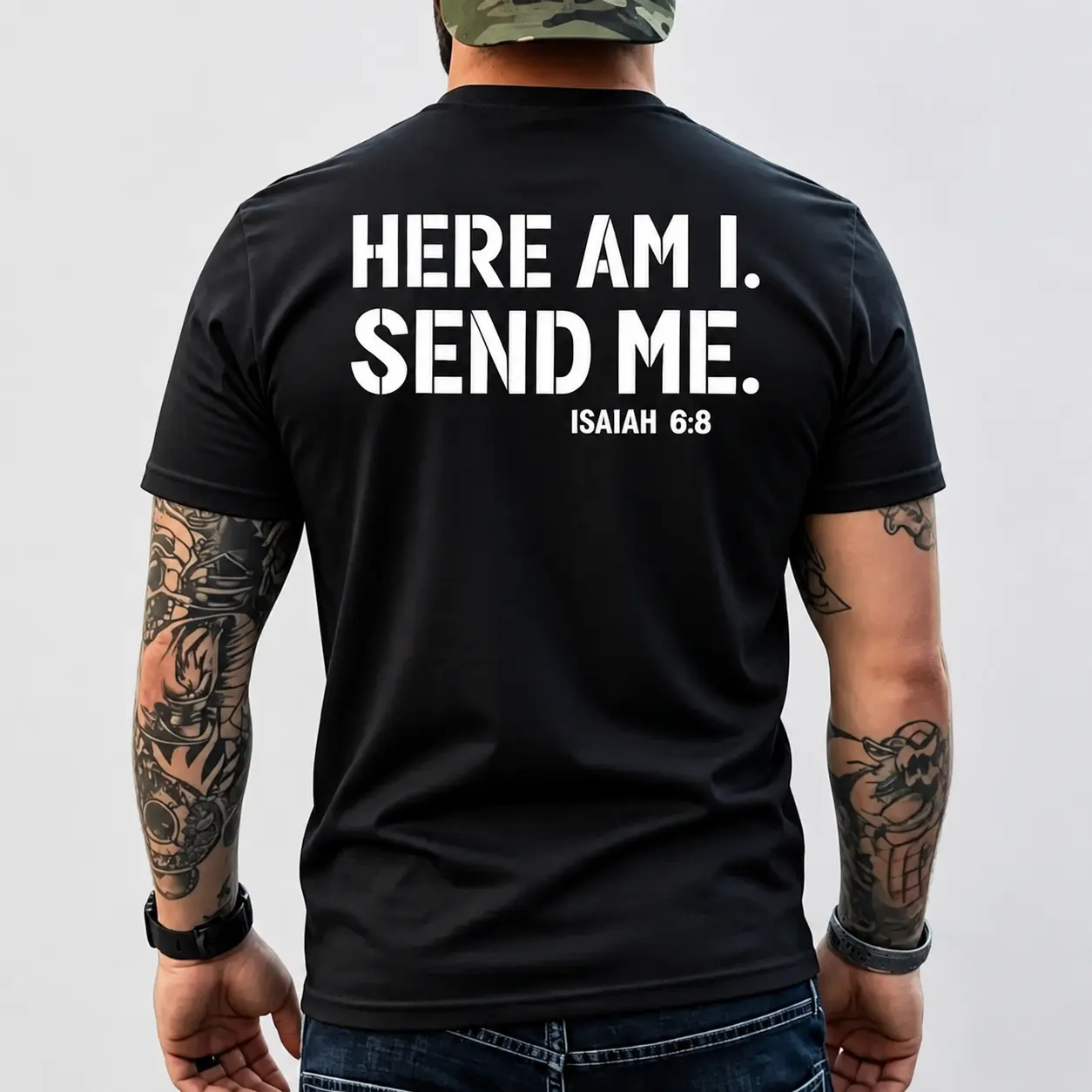Men's Cotton Casual Short-Sleeve Crewneck Christian Graphic Tee, Isaiah 6:8 "Here Am I Send Me" Bible Verse Foldable Sports Top, Menswear Father’s Day Gift