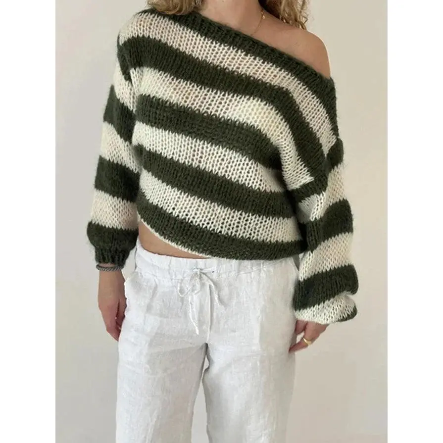 Isabelle Striped Sweater - Green, Knitted Oversized Top with Sleeves, Fits Womenswear, Versatile Wear for Various Occasions Knitwear Piece