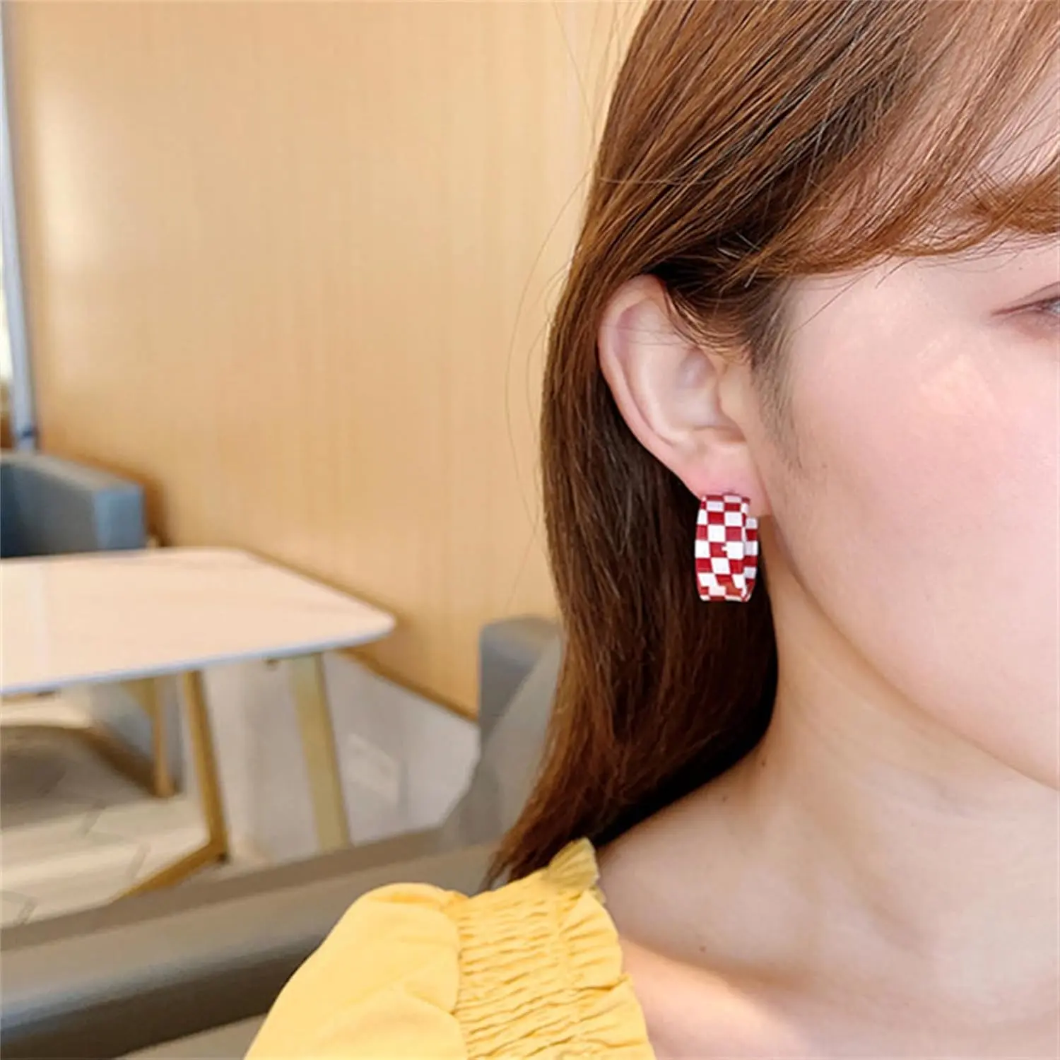 Women's Retro Style Checkerboard Hoop Earrings, Sterling Silver Post, Hypoallergenic, Colorful Acrylic Resin Black White Grid, Lightweight Open C-Shaped, Ideal for 70s-90s Parties, Thanksgiving Day, Anniversary, Birthday Jewelry Gifts, Party, Mother's Day