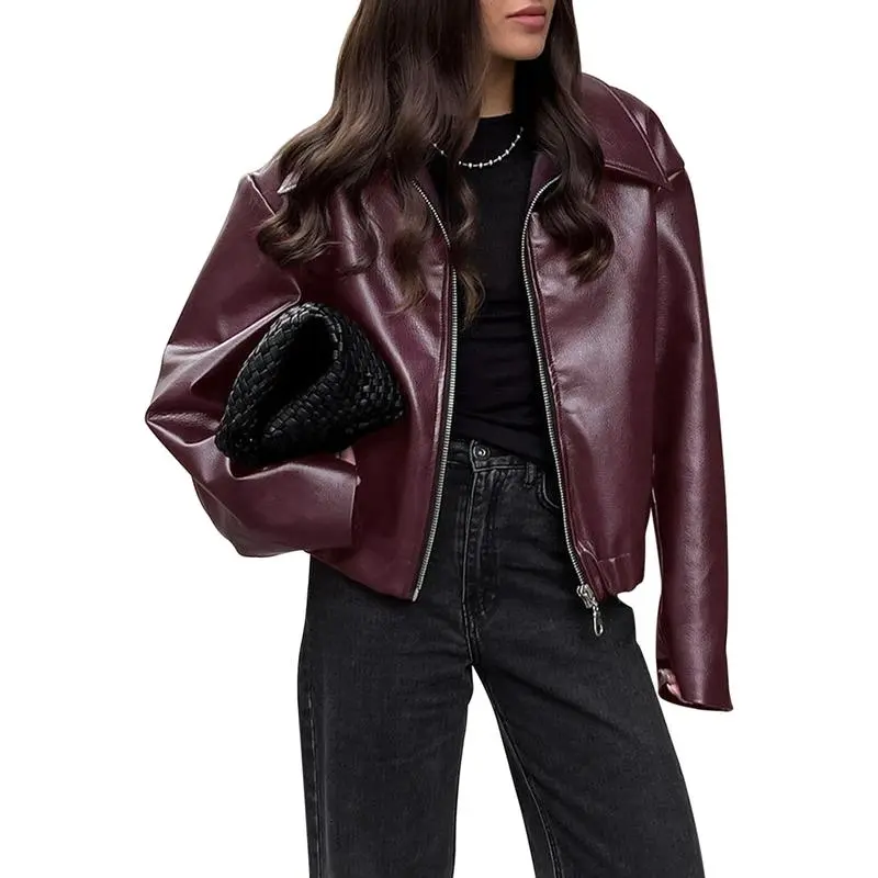 Leather Jacket Women Faux Oversized Motorcycle Bomber Coats Fall Fashion Outfits Winter Clothes  Zip Up Biker Jacket Outwear