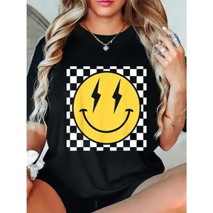 100% Cotton Retro Happy Face Distressed Checkered Pattern Smile Face T-Shirt