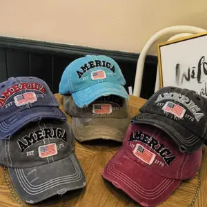 Vintage American Retro Washed Denim Cap, Embroidered Distressed Baseball Hat, Unisex for Daily Wear