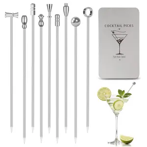 Metal Martini Cocktail Picks 9 Pcs, 4.1 in Olive Skewers Stainless Steel, Martini Garnish Sticks Reusable, Metal Toothpicks for Drinks, Appetizers, Bar Accessories Supplies for Bartenders