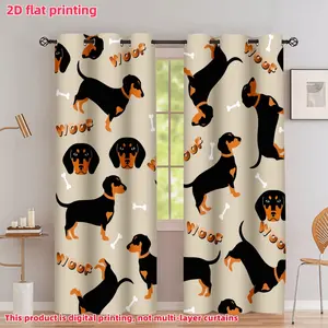 2D Flat 2Pcs Cartoon Dachshund Dog Printed Semi-Shade Curtains with Grommet Top, Lover Window Drapes for Living Room, Bedroom, Dining, Kitchen, Accessory, Anti-Privacy.