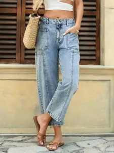Women's High Waist Fit Utility Denim Jeans, Washed Wide Leg Jeans with Practical Pockets, Stylish and Comfortable Everyday Casual Wear