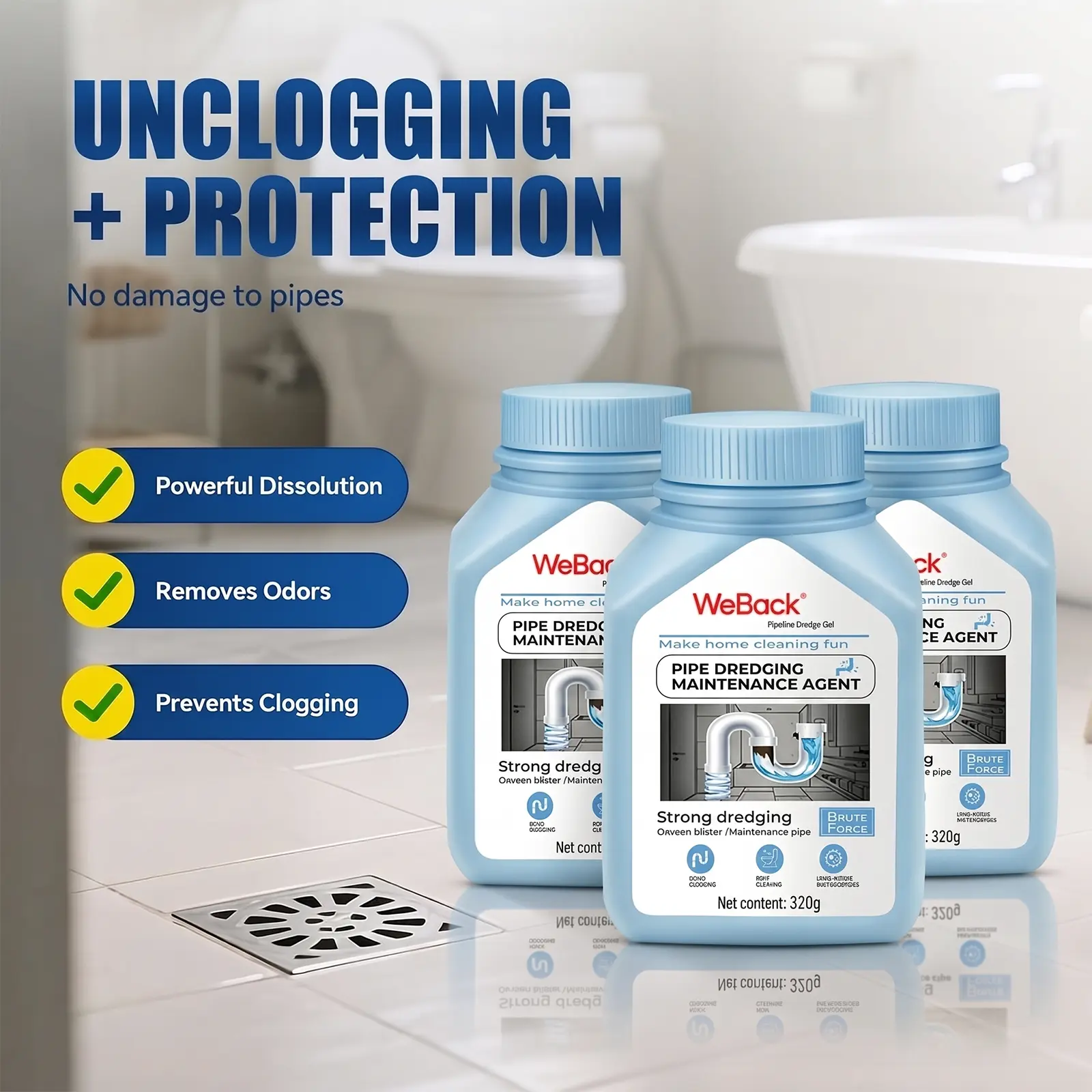 WeBack Powerful Household Safety‑Grade Drain Cleaner, Pipe Unblocker, Dissolves Clogs, Safe for Home Use, Kitchen Sink, Bathroom Sink, Toilet, Floor Drain
