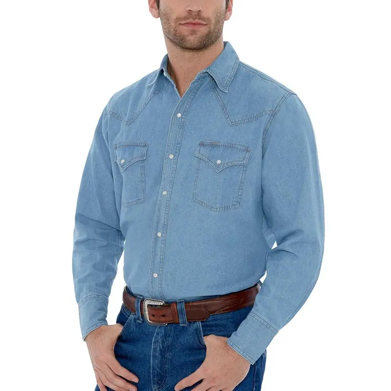 Men's Ely Cattleman Cotton Western Snap Button-Down Cowboy Shirt - Washed Denim Long-Sleeve Top with Pocket, Pencil Slot, Cotton Fabric for Western-Inspired Men's Casual Throwback Wear