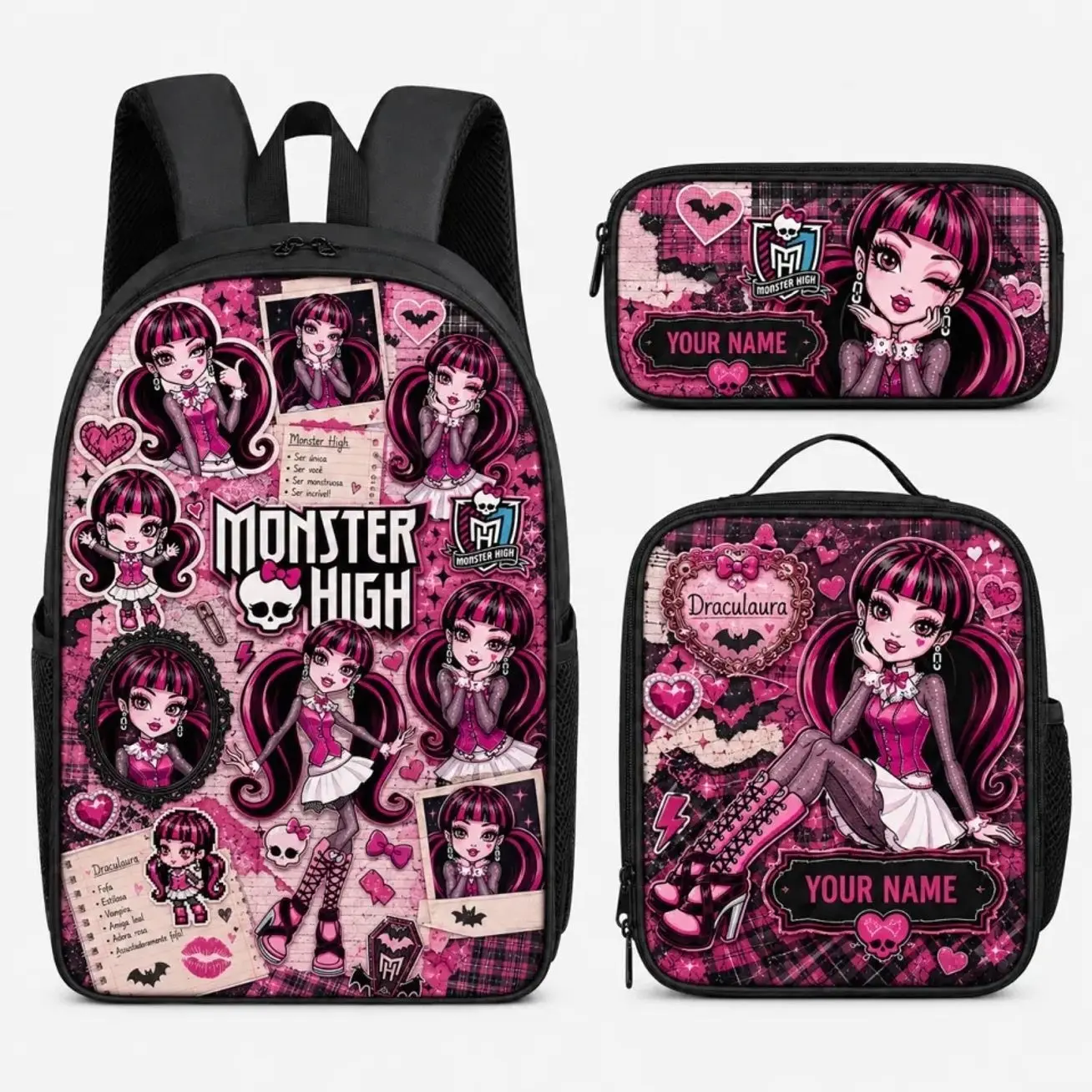 Personalized Y2K Spooky Monster Academy Student Backpack Set | Custom Name Schoolbag Insulated Lunch Tote Pencil Pouch | Custom Gift