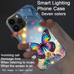 Luminous Butterfly Glitter Smart Sound-Activated Light-Up Phone Case for iPhone 17/16 Pro Max/15 Pro/14 Plus/13/12. Features luminous technology, elegant daytime design, and enhanced nighttime visibility. Perfect for parties and holidays.