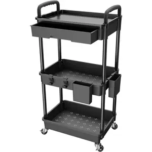 3 Tier Rolling Utility Cart with Drawer, Multifunctional Storage Organizer for Kitchen, Bathroom, Living Room, Office (Black)