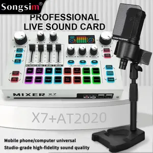Songsim-X7 mixer + AT2020 microphone professional live streaming audio kit, high-end real-time sound card, supports independent channel adjustment and custom effects; recording-grade microphone. Compatible with computers and mobile phones; suitable for ga