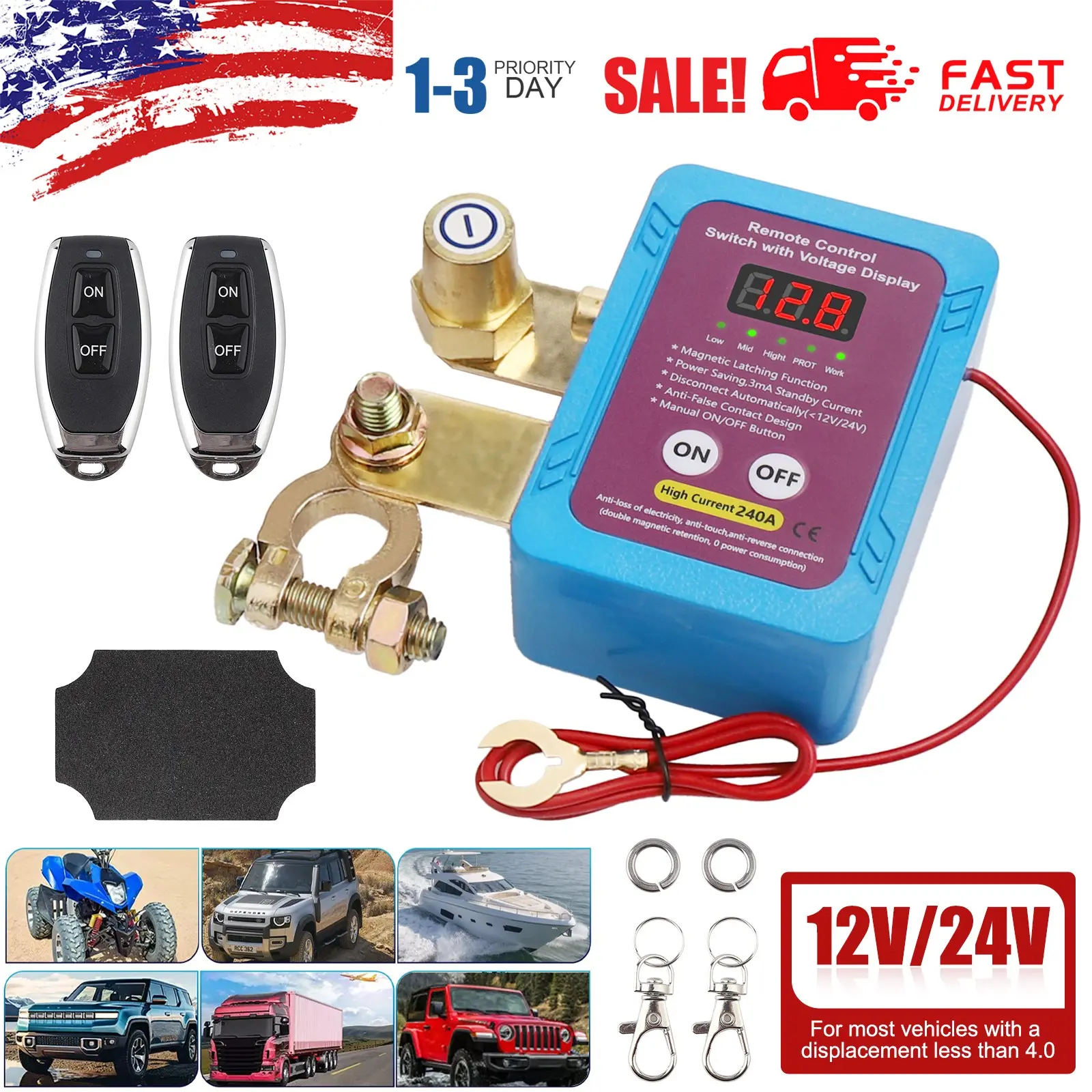 12V/24V 240A Remote Battery Disconnect Switch with LED Voltmeter Display for Car