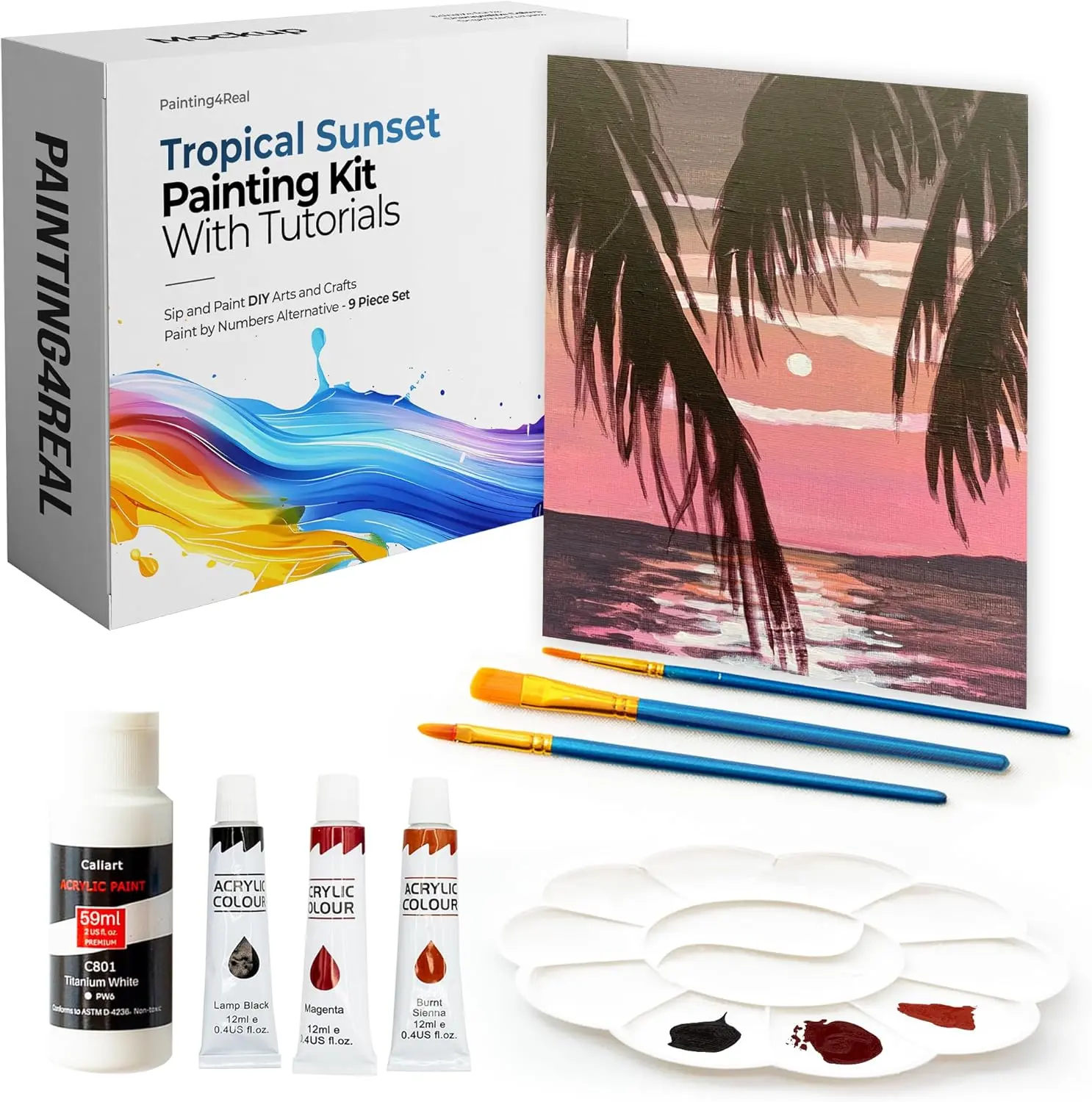 DIY Tropical Sunset Acrylic Painting Kit with Video Tutorials - 9pc Art Set for Adults and Beginners