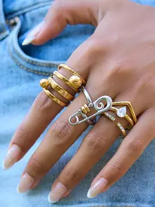 Ladies' Gold Ring Niche Minimalist Ring Stainless Steel 18k Gold-Plated Waterproof Gold and Silver Color-Blocked Pins, Paper Clips, Personalized Balls, Multi-layer Hollowed-Out Openings, Bohemian-Style Jewelry Summer Essential Beach Vacation and Travel St