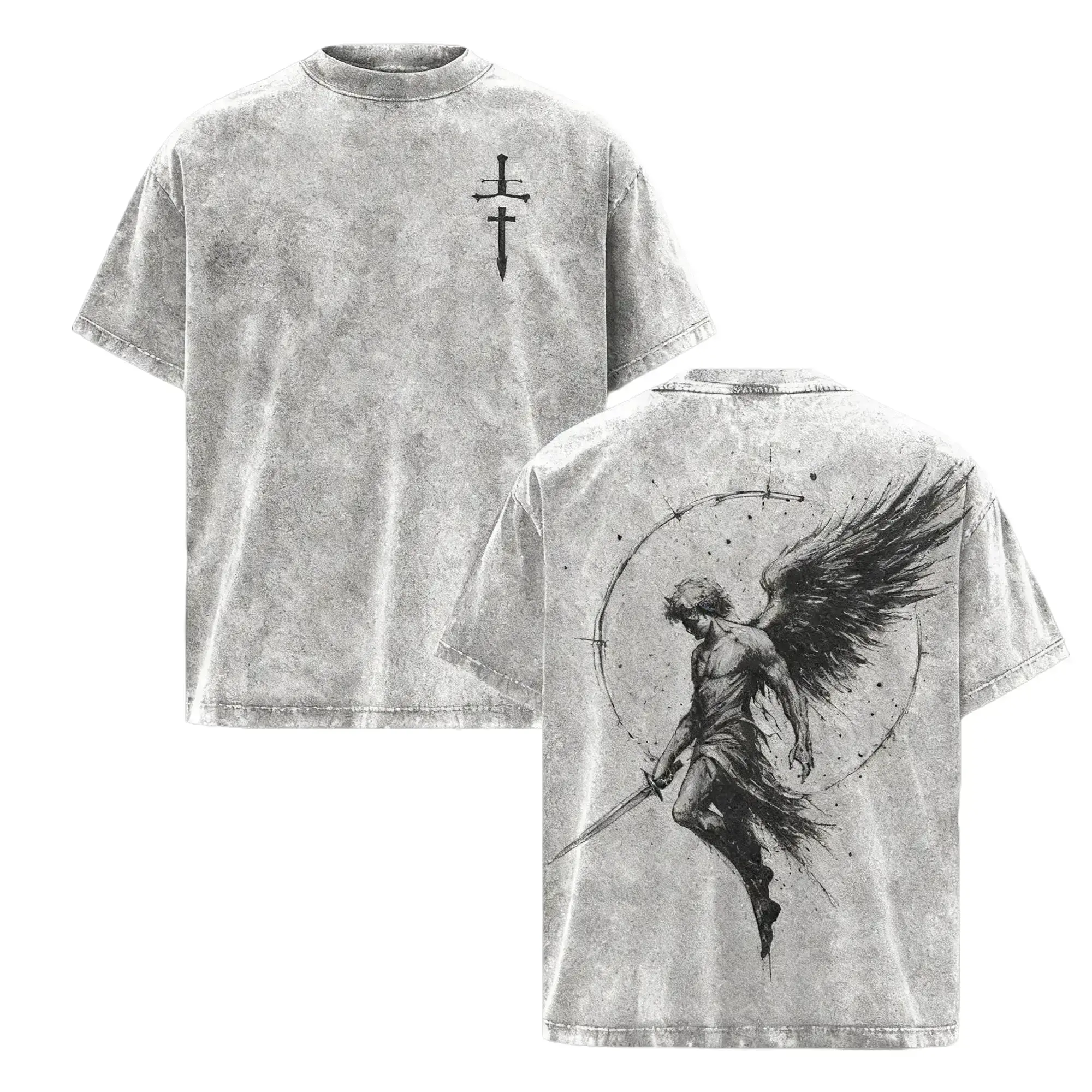 Casual Gothic Theme Fallen Angel Sword Washed Graphic T-Shirt Heavy Cotton Unisex Oversized Crewneck Top