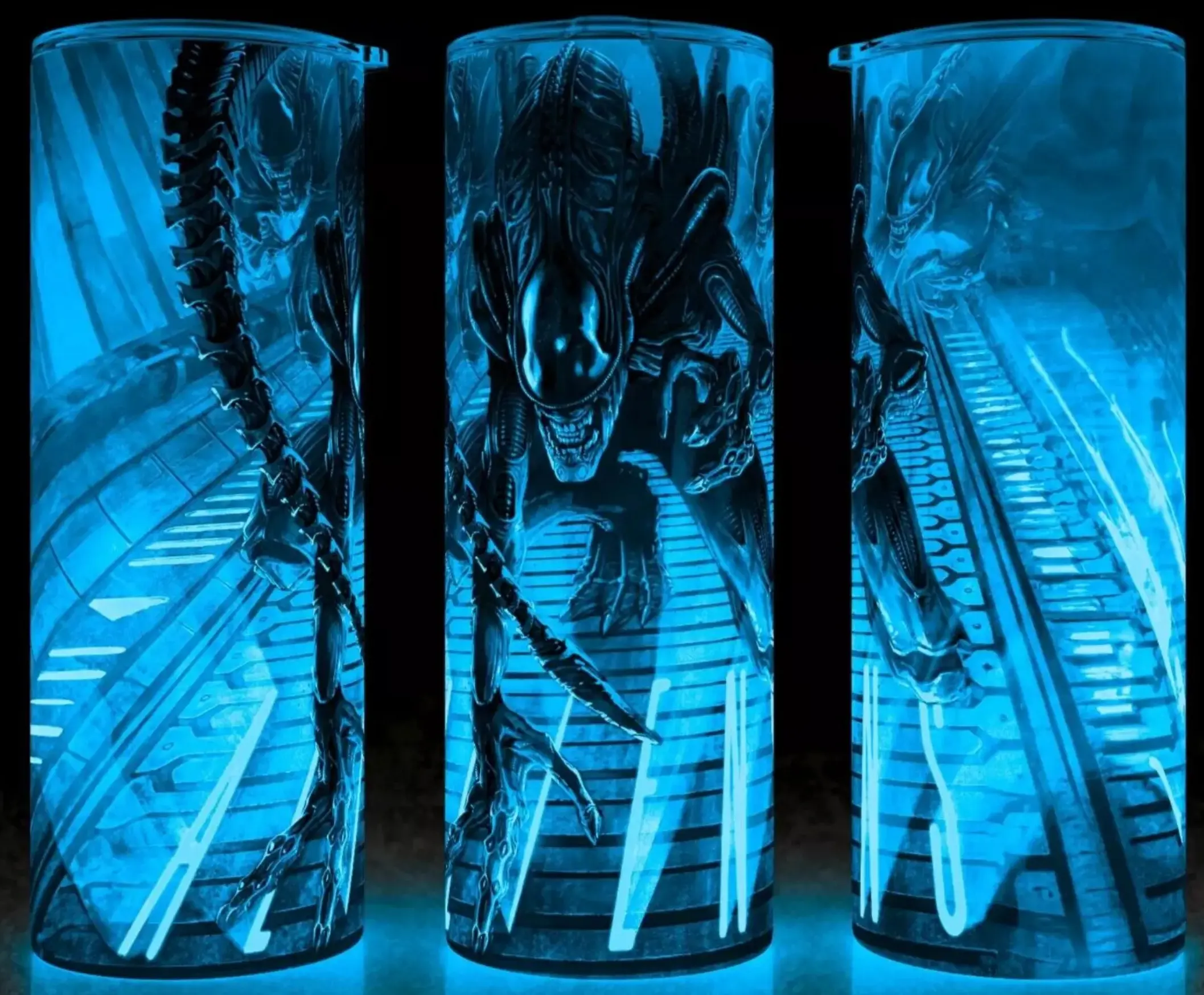 Glow in the Dark Aliens on Nostromo Xenomorph Alien Horror Movie Cup Mug Tumbler 20oz Stainless Steel Tumbler with Slide Closure Lid, Reusable Plastic Straw, Handmade Design - Drinkware