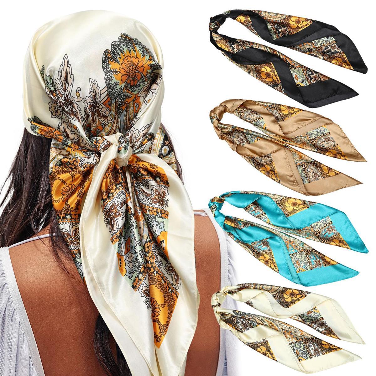 AWAYTR 35” Silk Like Square Headscarf 4Pcs Large Bandana Head Kerchief Fashion Pattern Hair Scarves for Women Head Wrap