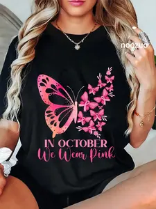 100% Cotton Unisex In October We Wear Pink Butterfly Breast Cancer Awareness T-Shirt Casual Top