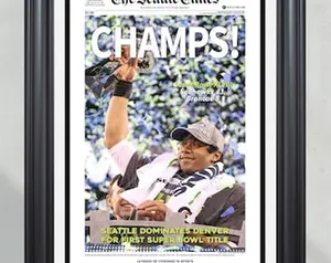 2014 Seattle Seahawks Super Bowl XLVIII 'CHAMPS!' Framed Front Page Newspaper Print