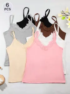 Lace V-Neck Slim Fit Tank Top, 6 Colors Available Set, High Elastic Breathable Fabric, Close Fit No Tightness, Delicate Lace Trim, Perfect For Layering And Outer Wear