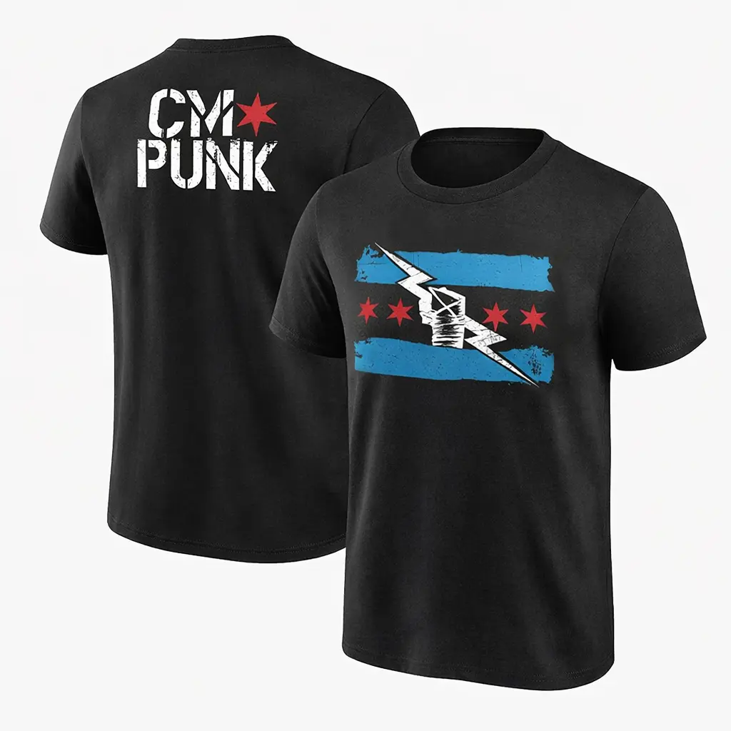Men’s CM Punk Chicago Flag Graphic T-Shirt Black Wrestling Fan Tee, Windy City Pride Streetwear Shirt, Vintage Style Pro Wrestling Apparel, Gift for Wrestling Lover