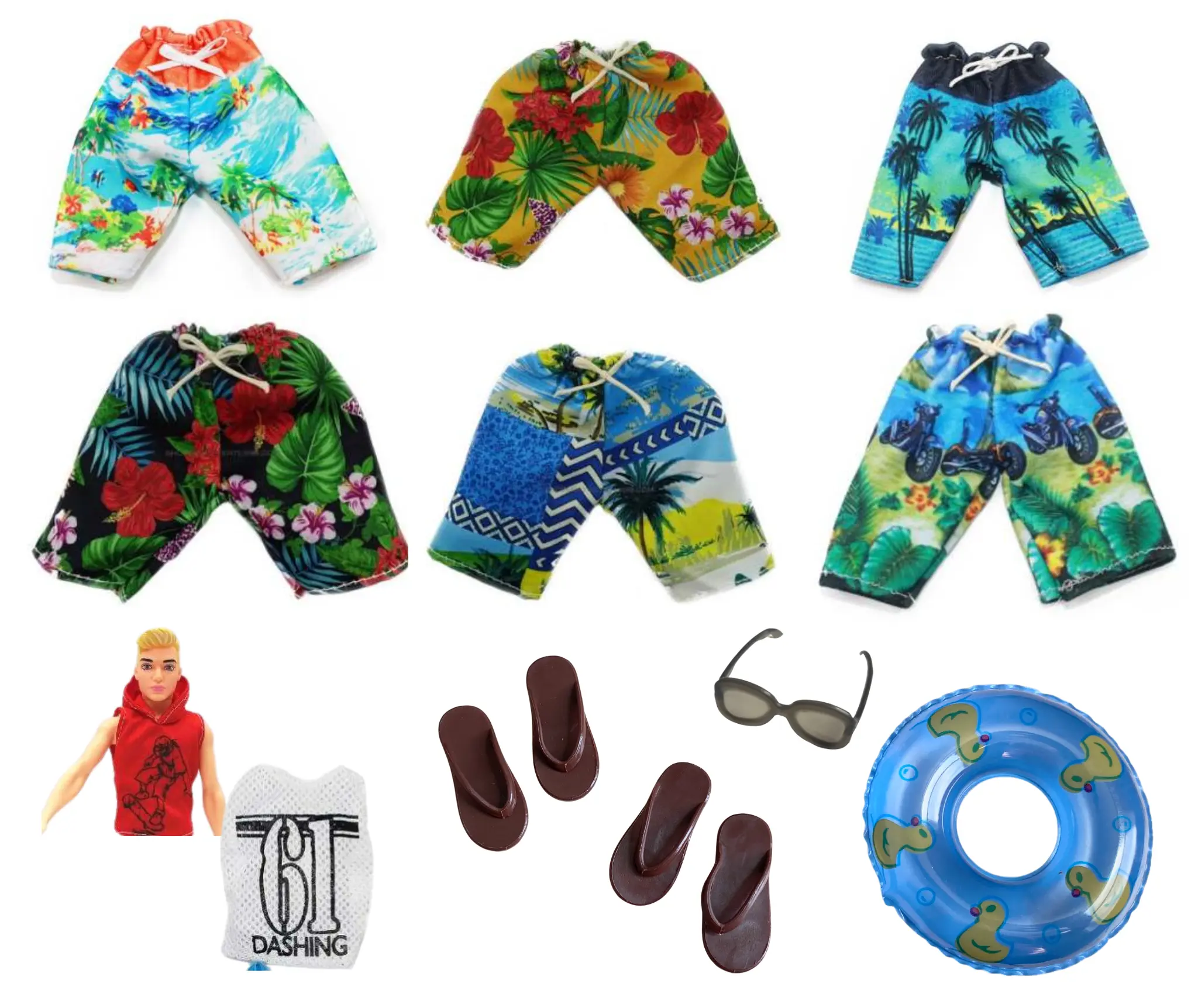 1 Set of Fashion Doll Boy Swim Wear-Swim Trunks, Shirt, Sandals, Glasses, Lifesaver